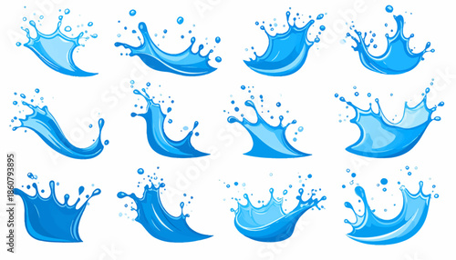 Set of twelve dynamic blue water splash illustrations with drops and waves on a white background, depicting various liquid movements and forms.