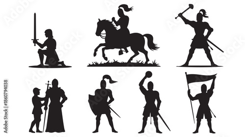 Medieval Knights Silhouettes Vector Set Isolated on White Background