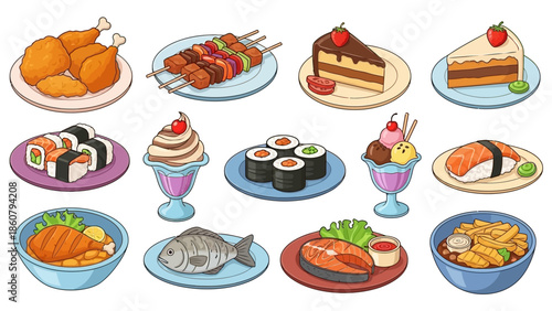 Delicious Food Collection Vector Illustration, Sushi, Fried Chicken, Grilled Fish, and Sweet Desserts Set Isolated on White