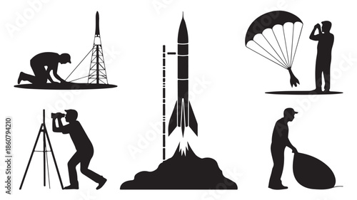 Rocket Launch Silhouette, Space Exploration and Science Activities Vector Illustration