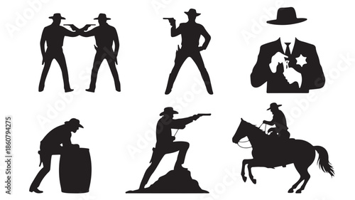 Cowboy Silhouettes Dueling Shooting Riding Horse Vector Graphic Isolated on White