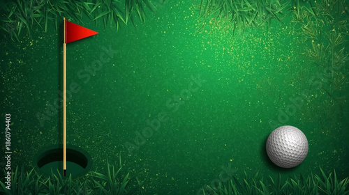 Golf ball next to a hole with a red flag on a vibrant green course, seen from above.