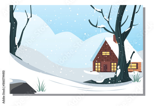 A brick-style A-frame house with warm yellow light in the windows against rolling snowy hills