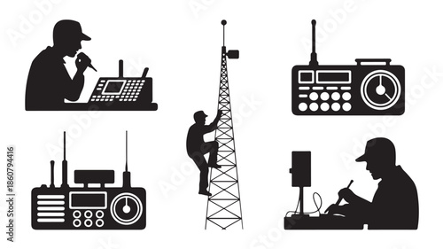Radio Communication Operators and Equipment Silhouette Vector Illustration in Black and White for Technology and Hobby Design.