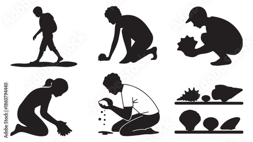 Beachcombing silhouettes in a simple graphic style with black and white contrast as a vector icon set for hobby, travel, and outdoor activity designs.