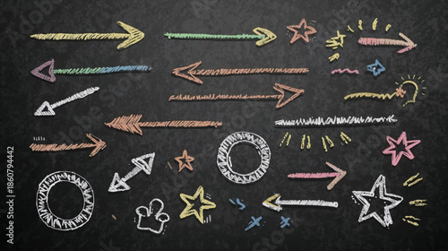 A collection of colorful hand-drawn chalk arrows, stars, and circles on a dark chalkboard background, perfect for graphic design elements.