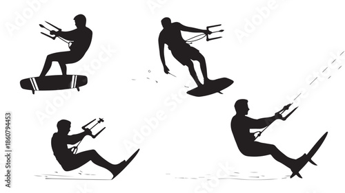Kitesurfing action silhouettes dynamic and energetic high contrast black and white clean vector illustration for water sport design elements.