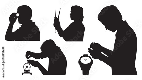 Watchmakers and jewelers performing intricate repairs in a professional silhouette style with high contrast graphic illustration for horology services and craftsmanship.