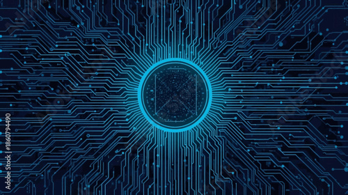 Abstract digital circuit board with glowing blue lines and central processing unit design.