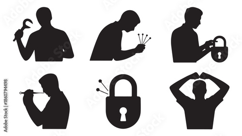 Silhouettes of People and Padlock for Problem-Solving and Security in Black and White Vector Illustration for IT and Engineering Concepts.