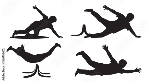 Dynamic falling people silhouettes in abstract graphic style with stark black figures on a clean background for motion design.