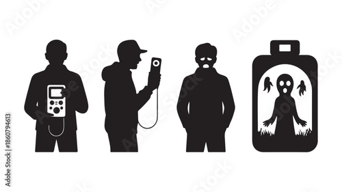 Silhouettes of people investigating paranormal activity with radiation detectors in a mysterious black and white vector illustration for scientific and spooky themes.