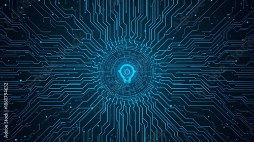 Digital circuit board pattern with a glowing lightbulb icon representing innovation and artificial intelligence.