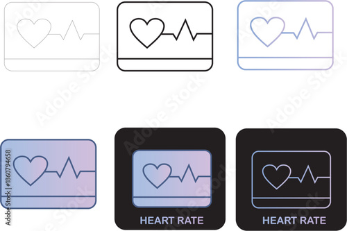 modern vector icons depicting a heart rate monitor with an electrocardiogram line, symbolizing health, vital signs, and medical technology