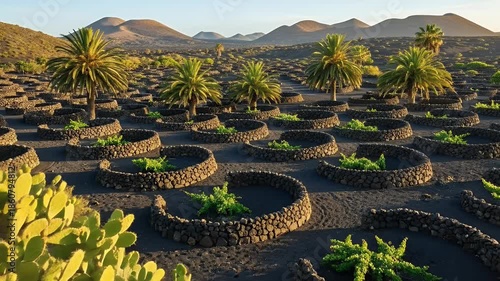 Lanzarote Vineyard Landscape Cinematic Footage with Palm Trees