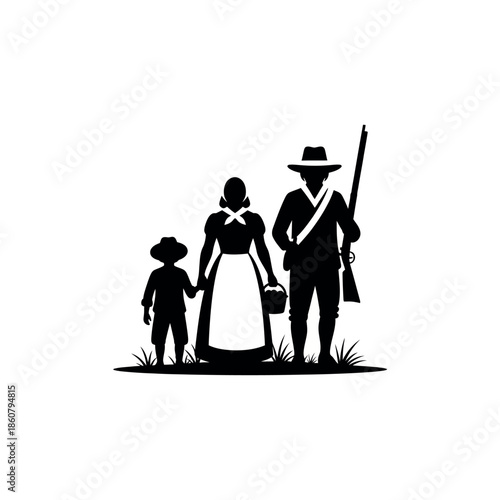 Silhouette of a Colonial American Family with a Soldier.