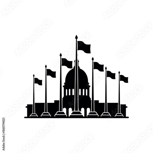 Silhouette of a Government Building with Flags.