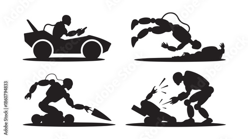 Robot silhouettes in dynamic action poses with stark black and white contrast as vector illustrations for technology and conflict concepts.