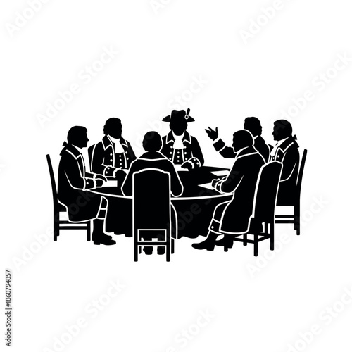Silhouette of a historical meeting of men in colonial attire around a round table.