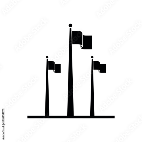 Three Flagpoles with Waving Flags Silhouette.