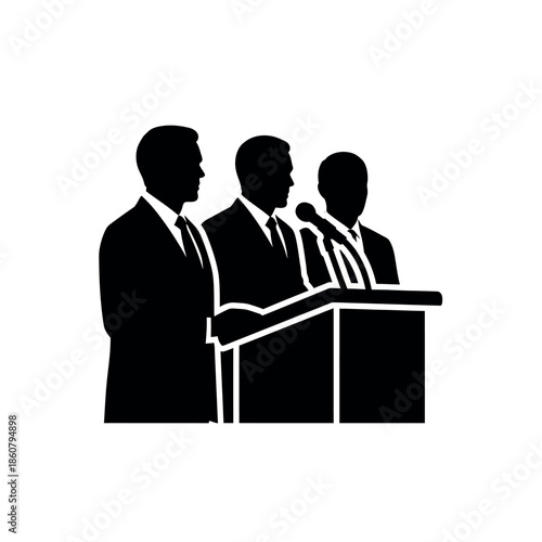 Three men in suits standing behind a podium with a microphone representing a public speaking event or debate.