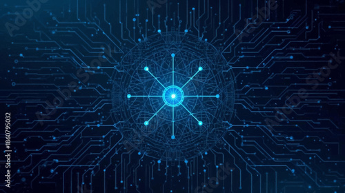 Abstract blue circuit board pattern with glowing central hub and radiating lines, representing digital technology and connectivity.