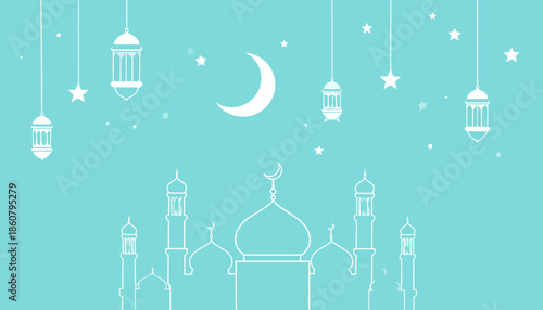 Elegant minimalist illustration of a mosque, crescent moon, and hanging lanterns under a starry sky, symbolizing Islamic celebration and spiritual reflection for Ramadan or Eid