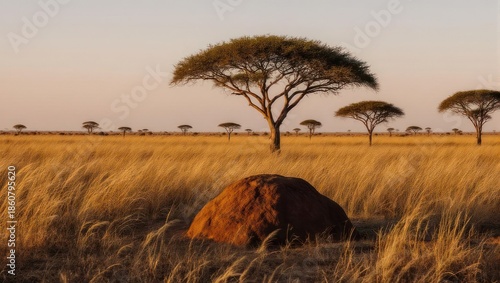 Golden hour landscape of African savanna with acacia trees, tall grass, & termite mound