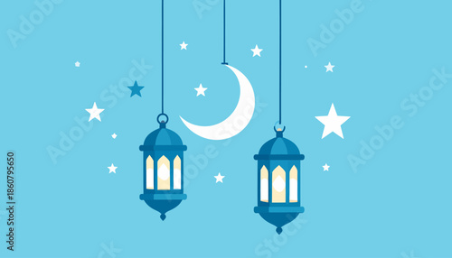 Ramadan Kareem greeting card with Islamic crescent moon and lantern decorations on a blue starry background