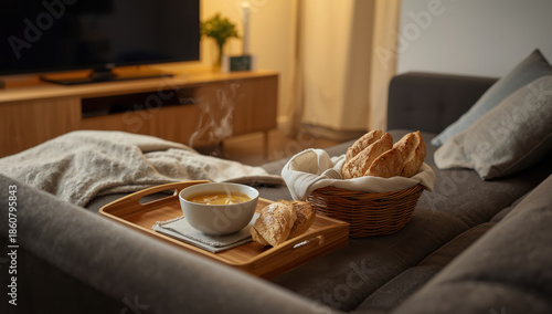 Cozy living room breakfast with steaming soup and crusty bread on wooden tray © siraphol