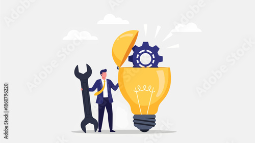 A suit-clad professional holds a large wrench beside an open lightbulb revealing a gear, symbolizing the mechanical effort required to power innovation
