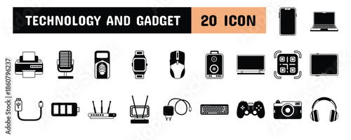 20 Technology and Gadget Glyph Icon Illustration Set