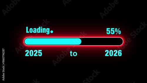 Neon New year 2026 loading bar animation on black background. Glowing Loading bar from 2025 to 2026 motion graphics. Loading Bar Progress From 4k video footage.