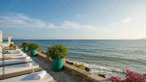 Luxury Beachfront Resort Loungers Ocean View Bright Sunny Day Footage