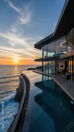 Luxury Cliffside Villa Infinity Pool Sunset Ocean View Cinematic Footage