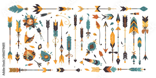 Grande collection vectorielle de flèches stylisées, ornées de plumes et motifs tribaux, idéales pour des designs bohèmes sur fond transparent.