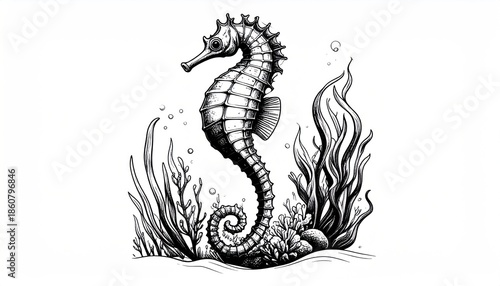 Detailed Seahorse Illustration with Seaweed and Bubbles.