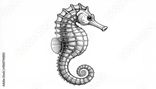 Detailed seahorse illustration with intricate shading and anatomical accuracy.