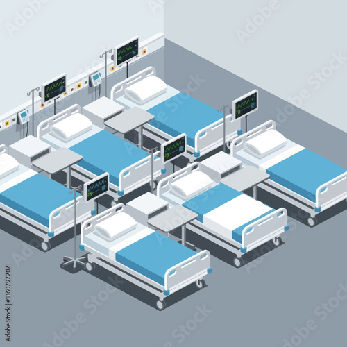 Hospital Ward with Multiple Beds and Equipment.