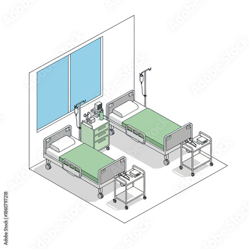 Hospital Room with Two Beds and Medical Equipment.