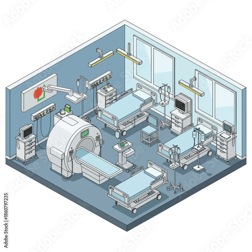 Hospital Room with Medical Equipment and Beds.