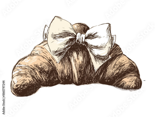 Illustration vintage d'un croissant français gourmand orné d'un élégant nœud en ruban, dessiné à la main sur fond transparent.