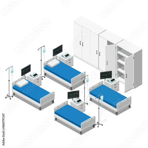 Hospital Room with Four Beds and Equipment.