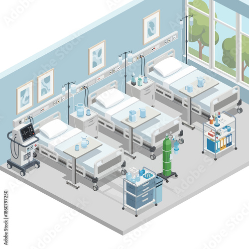 Hospital Ward with Beds and Medical Equipment.