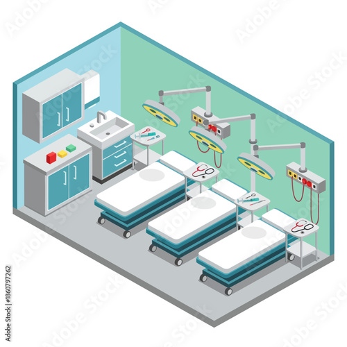 Hospital Room with Medical Equipment and Beds.