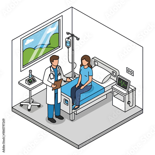 Doctor Consulting Patient in Hospital Room.