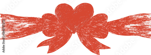 Ruban rouge en forme de cœur avec nœud et extrémités effilochées sur fond transparent