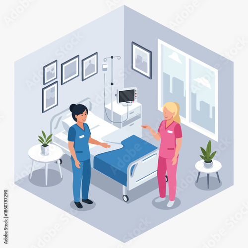 Female Nurses in Hospital Room Illustration.