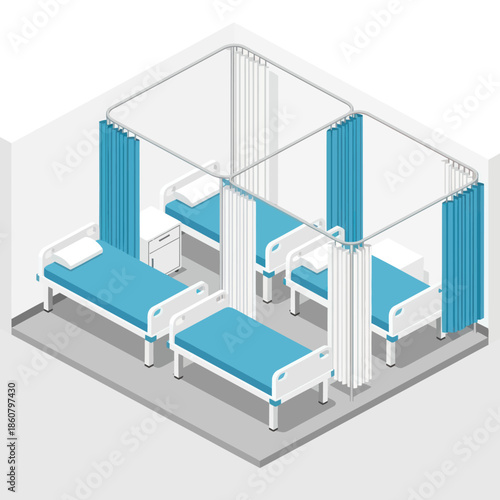 Hospital Room with Four Beds and Curtains.
