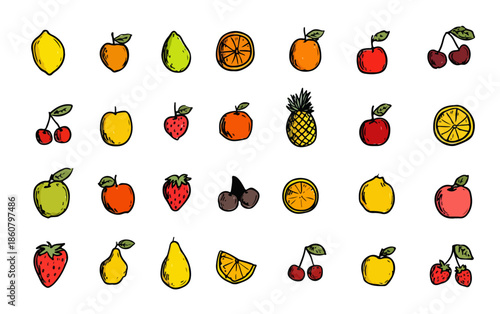 Collection d'illustrations variées de fruits frais dessinés à la main, parfaits pour des ressources graphiques sur fond transparent.